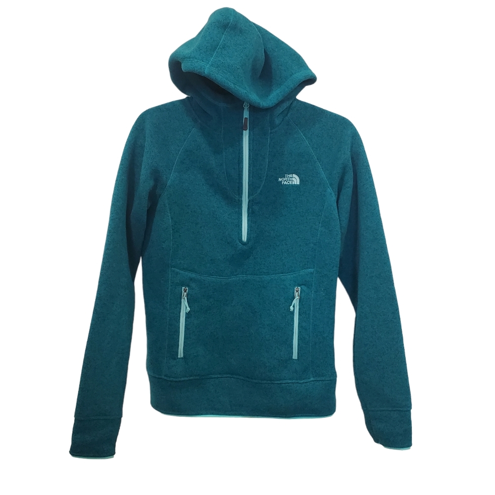 North Face Quarter Zip hoodie Size Small Teal Blue Green Knit Sweatshirt